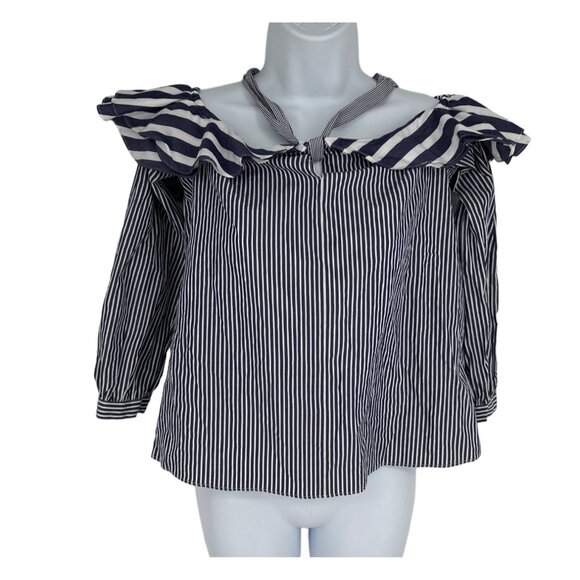 J.Crew Striped Off-The-Shoulder Ruffle Top Size 2 Petite - Picture 1 of 12